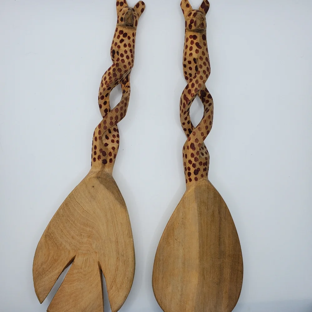 Hand Carved Wood Salad Servers Spoon And Fork Set Cheetah Hand Painted